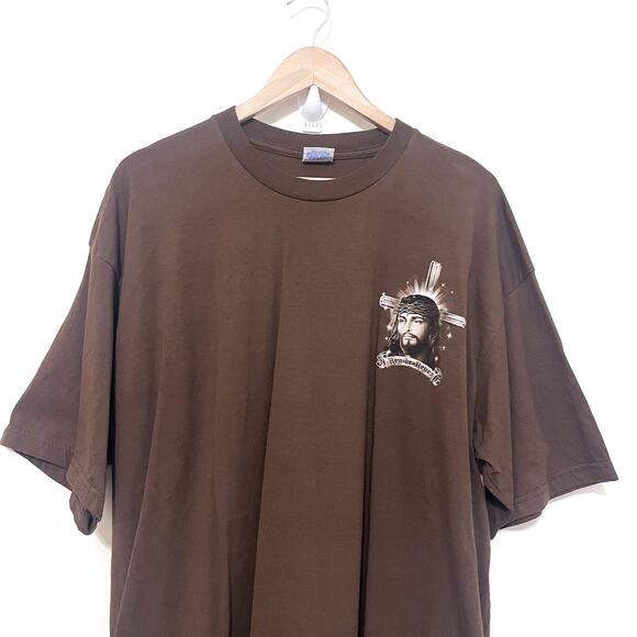 Vintage 90s Jesus Crown Of Thorns Graphic T Shirt Size 2XL Brown Religious Cross - Picture 4 of 9